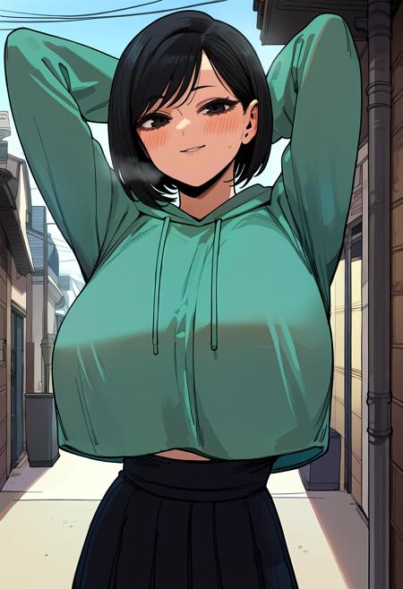 short hair, black hair, black eyes (forehead:0.8), bob cut track jacket, black jacket, long sleeves, track pants, black pants green hoodie, long sleeves, miniskirt, black skirt, pleated skirt