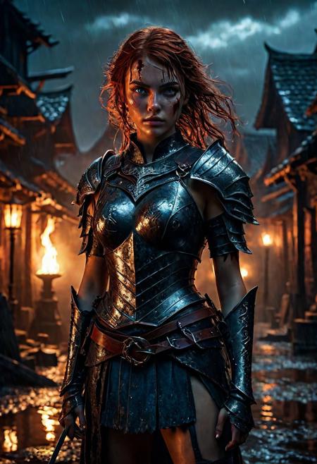 Ultra detailed digital art masterpiece Warrior girl dressed in a iron Armor, Standing on a bloody and stormy battlefield, standing in combat pose, dark fantasy medieval Town, perfect lighting, beautiful Sadie Sink as Warrior girl, attractive woman, elegant, unreal engine 5 nanite quality, mixed with dark elements, dark environment, very dark night, clean dark velour witch clothing, LOTR style, dark washed out eyeliner, no make up, natural bloody face, realistic blue eyes, ultra detailed atmospheric details, beautiful glowing effects, sparkle effects, realistic body proportions, beautiful face proportions, complex masterpiece, wavy red hair, creative glowing detailed tattoos, complex physics, enhanced colors, complimentary colors, ultra detailed raytracing reflections, Ultra detailed complex background, environment feels alive, direct eye contact, dramatic lighting, wet and sweaty skin, beautiful firm Breasts, Concept art portrait by Greg Rutkowski