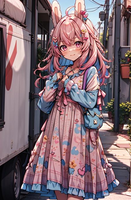 1girl, pippa, virtual youtuber, pink hair, hair ornament, rabbit ears, pink eyes, <lora:Char - PippaV2:0.75>,  <lora:Clothes - Flounce_dress:0.3>, wearing flounce_dress, trailer park,