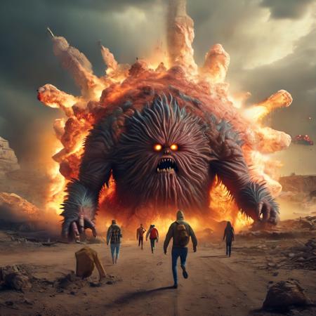 monster, a mass explosion on earth that destroys all of humanity, scary, massive explosion, humans running away from it