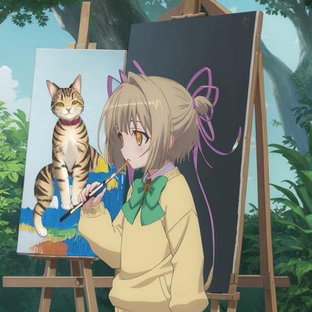 <lora:mimina_ousawa_v1:0.8> mimina_ousawa, school uniform, long sleeves,  nature, painting, canvas \(object\), brush, hair ribbon, easel, cat painting, masterpiece, best quality