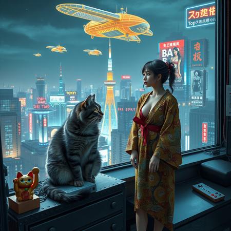 Grey tabby cat with green blue eyes sits on a cluttered metal riveted desk next to a maneki neko statue and a small Nintendo , the cat is looking out to a floor to ceiling window that looks out over a futuristic cyberpunk Tokyo skyline with skyscrapers, holographic advertisements, futuristic airships covered with lights and advertisements in Japanese, a space elevator, (((a tall thin beautiful young woman, 22 years old, is standing next to the cat looking out at the city through the window))), The woman is dressed in an ornate Japanese style bath robe, exposing some cleavage and her lower legs.  The woman's hair is messy from just waking up and tied up with a ribbon. Artistic cyberpunk, dynamic perspective, a translucent neon projection of a strip club bar advertisement displaying a partially dressed woman is visible on a nearby building,