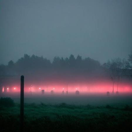 red theme, rural town, gray-green fog, black buildings, luminescence, ((bokeh)), minimalist