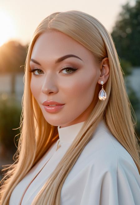 mia1sab3lla, mia isabella, <lora:Mia1sab3lla-sdxl:1>, 1girl, blonde hair, solo, face focused, magic hour, photography, warm light, sunset, movie still, ultra detailed, portrait, shiny lipgloss, lips, vintage aesthetic, nun, habit, solo, blush, looking at viewer, bokeh, focus, film, velvia, film grain, best quality, photograph, focus, earrings, garden