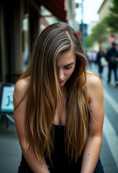 woman with her head down, street, sitting on a chair, hair trickles down hear head into her ample chest, it is street hypnosis, her head hangs so low you can barely see her face