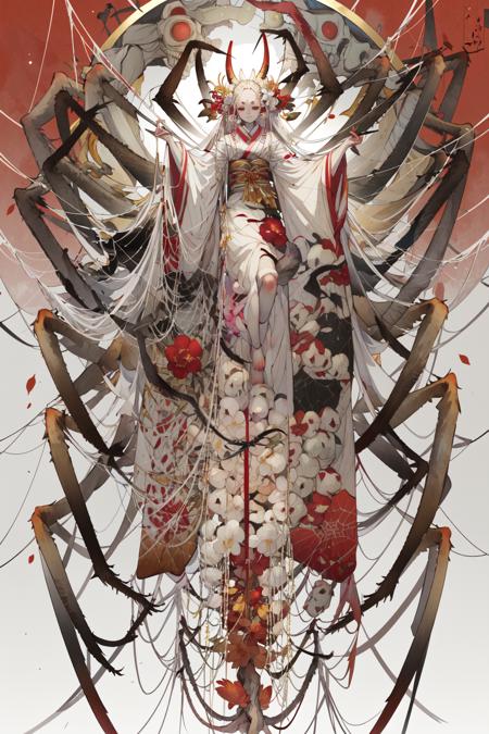 -ghost nocturnal, 1girl, silk, spider web, long hair, arthropod girl, japanese clothes, kimono, hair ornament, white hair, solo, bug, very long hair, skull, obi, sash, spider girl, flower, looking at viewer, hair flower, arthropod limbs, barefoot, horns, extra arms, extra eyes, red eyes, red flower, spider, wide sleeves, short eyebrows, white kimono, long sleeves, colored sclera, forehead mark, closed mouth, colored skin, full body<lora:ghost nocturnal-000018:1>