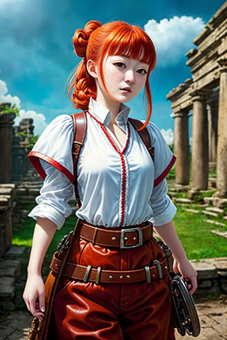 Yu-jinNobodySD15 (D&D rogue character:1.2) painting ginger woman auburn hair (updo:1.1) white button shirt leather pants pauldron teal armor belts straps detailed background ancient ruins beautiful cloudy sky (small_breasts:1.1) (masterpiece) (best quality) (detailed) (8k) (wallpaper) (cinematic lighting) (sharp focus) (intricate) (Style-Autumn:0.5) <lora:epiNoiseoffset_v2:1>