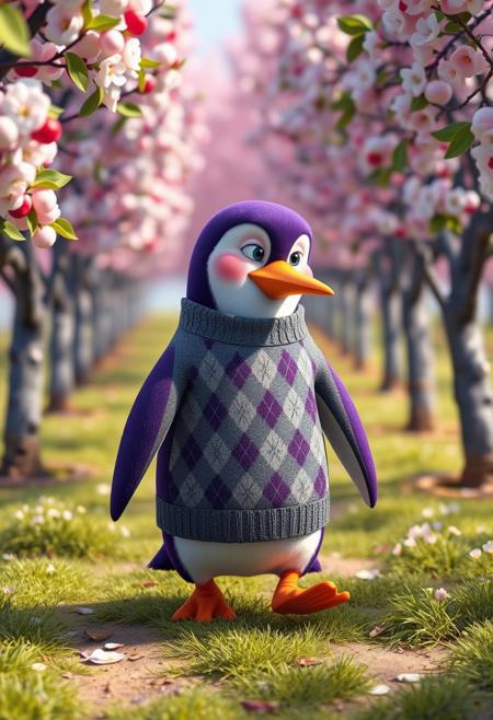 ((masterpiece, best quality, absurdres)),
in the style of pixar,
a purple penguin wearing a grey argyle sweater,
wandering through a cherry grove
