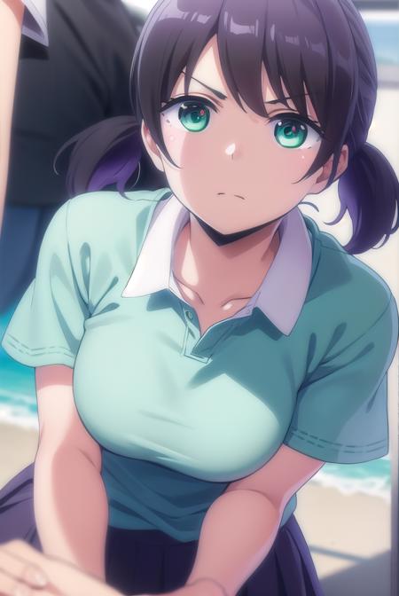 mai sunagawa, short hair, bangs, twintails, (green eyes:1.3), black hair, short twintails, skirt, shirt, school uniform, short sleeves, pleated skirt, collared shirt, black shirt, navel, swimsuit, bikini, floral print, pink bikini,