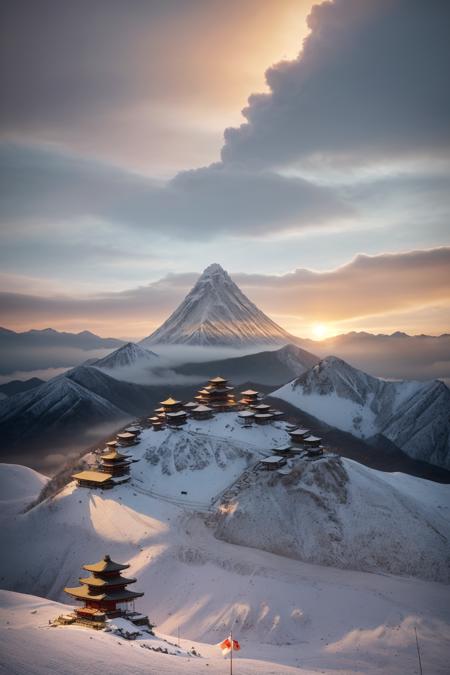 (masterpiece), (best quality), wide-angle view of a sacred Japanese mountain during golden sunrise, a katana driven into the ground at the summit, glowing faintly with mystic energy, surrounding snow-capped peaks, wind blowing ancient cloth tied to the hilt, prayer flags fluttering in the breeze, holy and cinematic atmosphere, PixCReal ultra-realism, extremely detailed, epic tone
