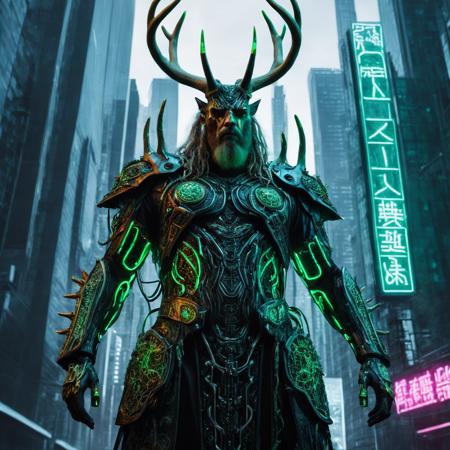 macabre style, green Cyborg Cyberpunk neon Celtic god male Cernunnos, heavy defensive suit, fat large armor,(very big deer antlers:1.3) made of  colorfull neon, very long viking beard,(with cybernetic enhancements:1.4),three-quarter shot,<lora:JuggerCineXL2:1>android, AI, machine, metal, wires, tech, futuristic, highly detailed, urban, cityscape, skyscrapers, modern, futuristic, highly detailed <lora:CyberPunkAIp:1>, dark, gothic, grim, haunting, highly detailed