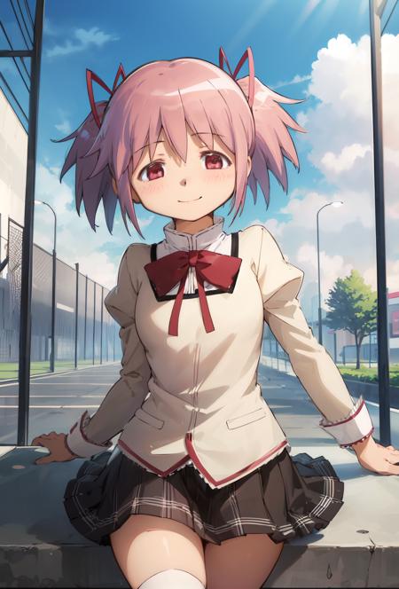 1girl, solo, madoka, school uniform, black skirt, happy, closed mouth, <lora:madoka-000003:0.9>, outdoors background