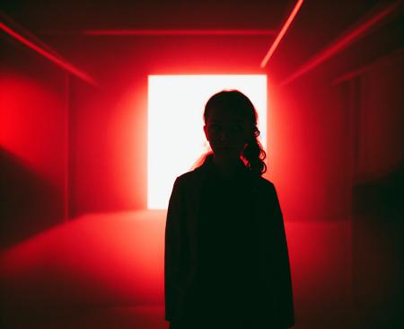 there is a woman standing in a dark room with red lights, cyberpunk art by Elsa Bleda, featured on unsplash, neoism, dark dance photography aesthetic, cinematic red lighting, darkness aura red light,  <lora:Prismatia_yiu_v10:0.7>