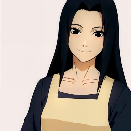 1girl, solo, long hair, black hair, apron, looking at viewer, shirt,sidelocks, black eyes, smile, <lora:Mikoto:1> <lora:animemix_v3_offset:0.7>,portrait,collarbone, white background, shirt,