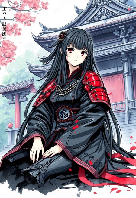 A stunning colored sketch in ink splats style, featuring a Japanese female warrior with long, flowing hair adorned with bangs and sidelocks, complemented by a delicate hair ornament. She sits gracefully in front of an intricately detailed Shinto shrine, her black and red plated armor gleaming with vibrant ink splats that add a dynamic flair to the scene. The warrior exudes strength and elegance, her posture relaxed yet poised, while the background showcases the serene beauty of the shrine, complete with traditional architectural elements and lush greenery. The atmosphere is enriched by a soft, ethereal glow, highlighting the contrast between the vibrant ink colors and the tranquil setting, creating a captivating and immersive visual narrative.aaa