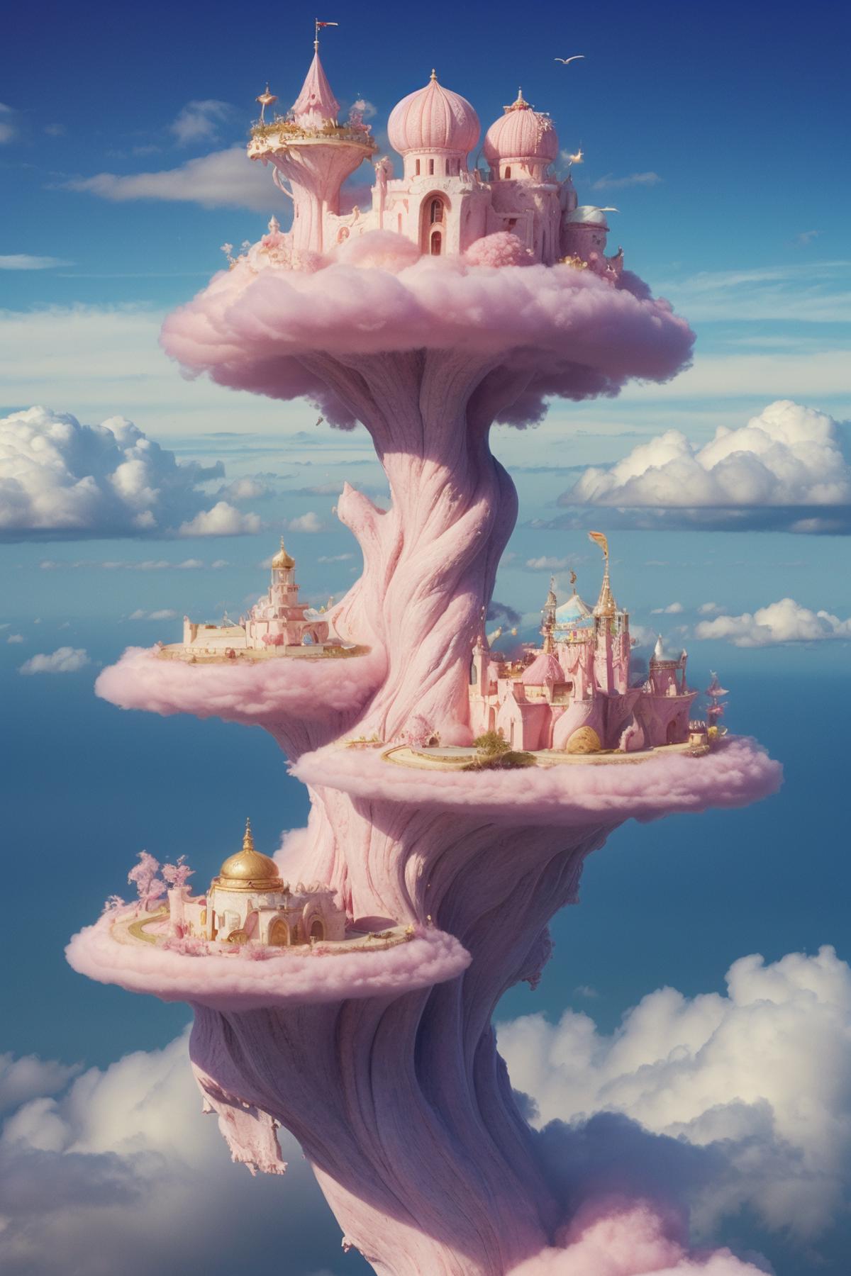 Pink Castle with Turrets on Top of a Tree in a Pink Sky