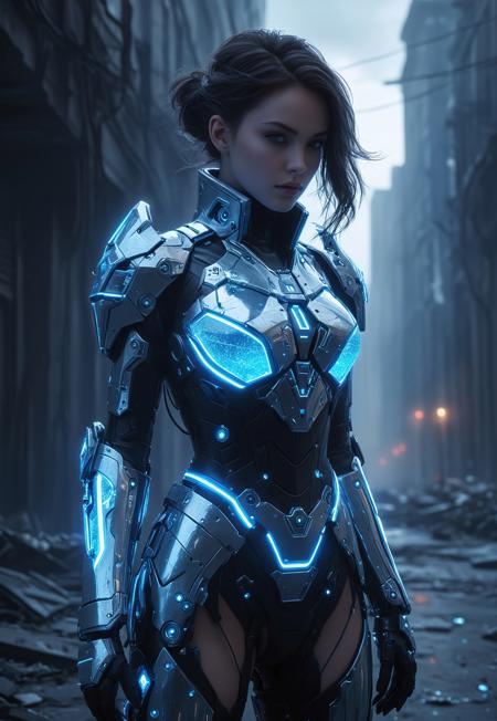 (masterpiece, ultra-detailed, best quality), 1girl,A futuristic sci-fi female character inspired by the elegant silhouette of a Victorian dress, reimagined as a cybernetic battle suit. The outfit is detailed with metallic silver and steel elements, including visible pistons, reinforced plates, energy conduits, and intricate mechanical patterns. Her design emphasizes advanced technology, with glowing cyan accents and a sleek, functional aesthetic. She stands in a post-apocalyptic cityscape filled with crumbled buildings, shattered glass, and twisted metal structures. The atmosphere is somber yet empowering, illuminated by natural light with focused highlights that reflect off the metallic components, creating a sharp contrast against the cool gray and blue tones of the environment. The setting conveys despair but also determination to fight and survive. Style influences: Greg Rutkowski, Artgerm, WLOP. High detail, ultra-realistic textures, sharp focus, cinematic lighting, sci-fi themes, post-apocalyptic aesthetic, SilverPulse