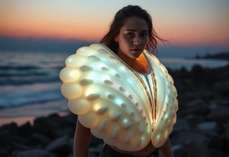 A young woman wearing a large, monolithic seashell breastplate that shines with an opalescent glow. The shell curves protectively over her chest and shoulders, creating a powerful yet elegant silhouette. She stands on a rocky shoreline at dusk, with