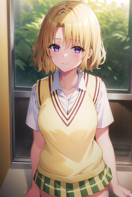 risamomioka, <lora:risa momioka darkness-lora-nochekaiser:1>,
risa momioka, short hair, blonde hair, wavy hair, (parted bangs:1.5), (purple eyes:1.1), smile,
BREAK green skirt, plaid, plaid skirt, sainan high school uniform, school uniform, skirt, sweater vest, thighhighs, (yellow sweater:1.5), short sleeves, bow, green bow,
BREAK indoors, classroom,
BREAK looking at viewer, (cowboy shot:1.5),
BREAK <lyco:GoodHands-beta2:1>, (masterpiece:1.2), best quality, high resolution, unity 8k wallpaper, (illustration:0.8), (beautiful detailed eyes:1.6), extremely detailed face, perfect lighting, extremely detailed CG, (perfect hands, perfect anatomy),