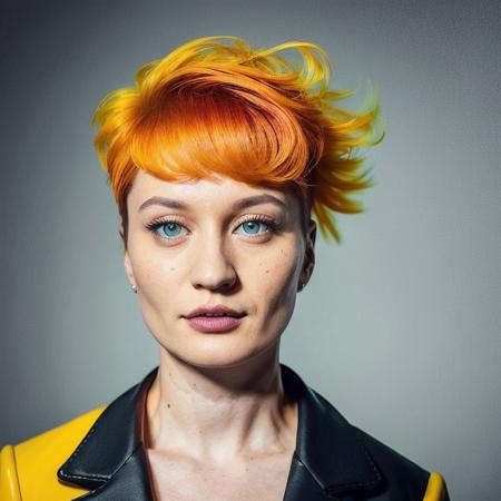 portrait photo of (zxzxberna) a model by Flora Borsi, style by Flora Borsi, bold, bright colours, Mohawk haircut, ((Flora Borsi))
 <lora:berna-000010:0.7>