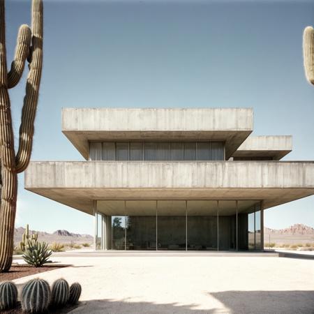 best quality, architecture, (Tadao Ando architecture), Architecture seen from the outside, soviet architecture, rectangular windows, megastructures, photorealistic, retro, (soviet:1.2), low saturation, dirt, futuristic, concrete and shiny metal, details, texture, symmetric, dynamic light, film grain, <lora: soviet architecture:0.8>, desert, mist, fog, (peoples), lake, pool, sand, (tropical plants:0.5), (tropical trees:0.3), Cactus,