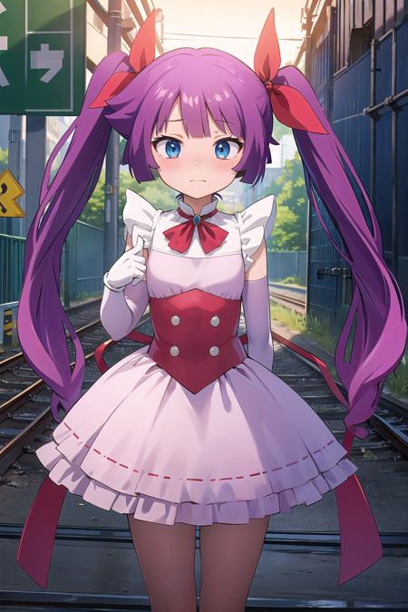 best quality, ultra-detailed, (1girl, solo, <lyco:romin-magical-girl-form-v1:1>, rominmagicalgirlform, very shy face,), on railroad tracks