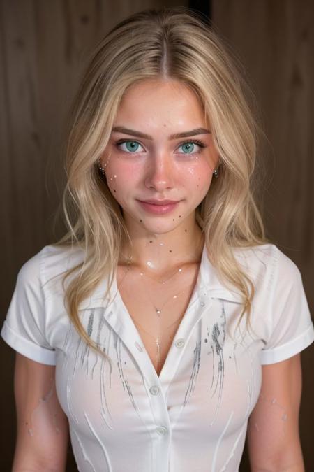 (face like emmatopdown),  body like goose_fit_girl,
blonde hair, athletic body,  eyecandy, desirable, 
(tiny breasts), beautiful green eyes, fit body,
 realistic,  
(wearing large buttonup shirt ),
nervous, tiny smile, (tears in eyes,( tears running down face,) wet face, dripping)