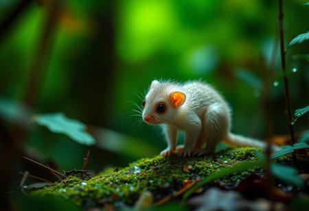 furry little translucent mammal in a rain forest zoomed in, rainbow of light reflection off dew, green and vivid colors, wild fog