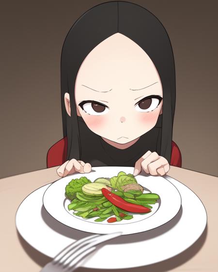 <lora:Yamamoto:0.9>
a girl with big forehead sulking over a plate of vegetables she don't want to eat