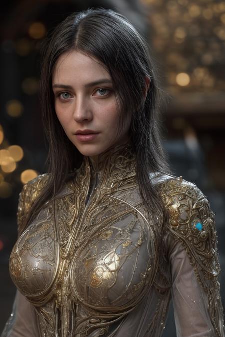 Raw Photo of planetary explorer of harsh alien worlds, wearing transparent, ((translucent), gold filigree biomechanical suit, gold filigree gloves, ((light bokeh)), intricate, elegant, sharp focus, soft lighting, vibrant colors, masterpiece, detailed face, intricate details, cinematic shot on Nikon z9 mirrorless camera, ultra realistic, (art by Darek Zabrocki and Giger and Cedric Peyravernay),  (detailed exterior sci-fi environment :1.4), Dystopian, photorealistic, epic, highly detailed eyes, eyes are identical and symmetrical  <lora:more_details:0.9> ((eye contact)), looking at viewer