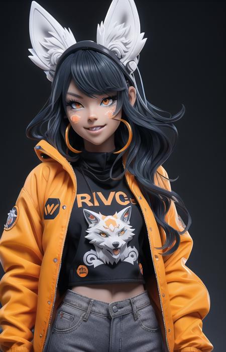 nijilorawolf a nijigirl with wolf - ears <lora:nijilorawolf:0.55>
wearing orange techwear jacket and jeans, wavy long hair, big warm smile, dancing, a huge diamond necklace, big beautiful cobalt ODD eyes, very detailed