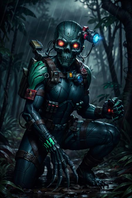 photo of , eversor , ((solo:1.3)), face mask, skull mask, glowing eyes, full face covering, glowing claws, running, black bodysuit, reverse grip knife, <lora:tool - add_detail:0.5>
standing on top of tree, one knee by massive tree, lush jungle, rain forest, dark ambiance,<lora:Officio Assassinorum MK1 by CARAXES:0.7>