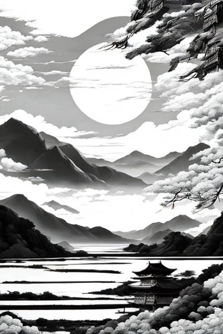 Martial Arts Style landscape,Mountain, Water, Sun, Chinese Architecture Black and white images