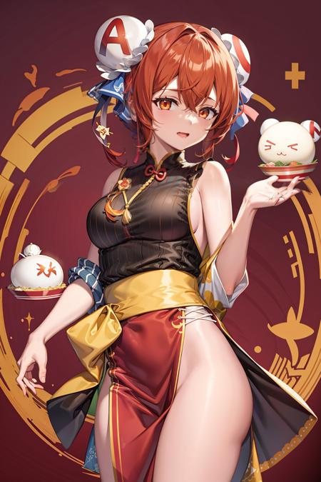 masterpiece, best quality,acgirl, 1girl, double bun, food, hair bun, red background, bun cover, hair ornament, solo, baozi, chinese clothes,(kbxll:0.6)