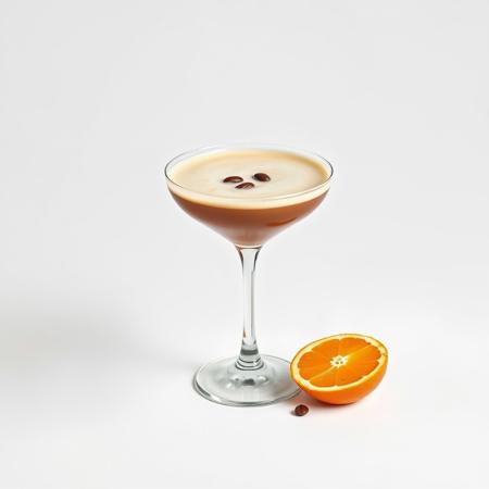 simple product Photography image on a plain, blank, pure 100% bright white background of a foamy espresso martini in a coupe glass and 3 floating coffee beans as garnish. and cut orange beside it. zoomed out.