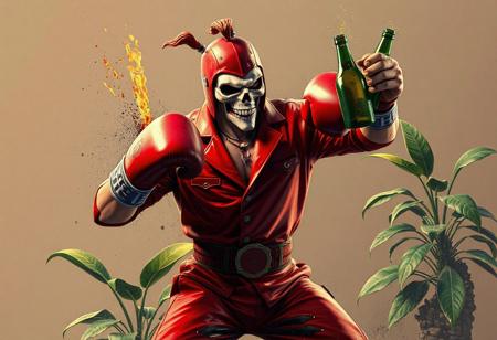 Battlin' Boxer Promoter in red outfit, skull mask, magic boxing gloves, Ring of Destruction. Green plant, beer bottle. Dynamic action pose, splash ink illustration, Octane render, Unreal Engine 5, Raphael style, Houdini style, vivid emotions, joyful impact, CGSociety, Artstation trending on ArtstationHQ, isometric, harmonious colors, beautiful matte painting, golden ratio, 4k, high-res, exceptional quality, lifelike details, impeccable composition, captivating lighting.