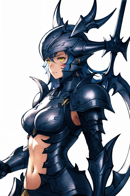 kuroimori, 1girl, armor, blue hair, center opening, from side, helmet, holding, holding weapon, long hair, looking to the side, navel, polearm, solo, upper body, weapon, white background, yellow eyes, dragoon \(final fantasy\), ((masterpiece)) , ((pencil marks)) <lora:kuroimori_offset:1>