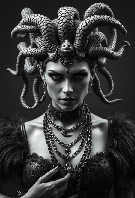 Close Up shot, front view of Medusa, lust look, erotic, hot, beautiful, snakes, chains necklaces, feathers pauldron, fur cape, hyper realistic, ultra detailed black and white Photography studio style