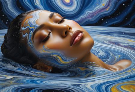 liquid marble painting, impressionism, (surrealism, psychedelic:0.7), portrait, realistic, masterpiece, best quality, mixed-race supermodel, (pretty upturned nose, smooth feminine facial features, full lips, almond-shaped eyes, half-closed eyes, pale hazel eyes:0.9), (Alex Grey, Claude Monet:1.1)
BREAK
hair melting into endless black holes collapsing into a cosmic sea of nebulas and supernovas