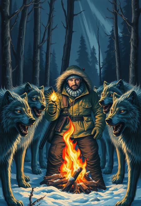 "Image of a tense and dramatic scene, where a man dressed in winter survival gear is surrounded by a pack of hostile wolves. The wolves' eyes glow with an eerie light in the darkness, their fur standing on end as they prepare to attack. The man holds a lit torch, trying to keep the wolves at bay, but they seem undeterred by the flames. The campfire in the background is still burning, casting flickering shadows on the trees, but it's clear that the man's attention is focused on the snarling pack. The image is created with colored pencils, with bold lines and dark shadings that emphasize the danger and tension of the scene. The overall atmosphere is one of fear and survival, with a focus on capturing the intense confrontation between the man and the wolves. Style: dramatic, intense, and suspenseful, with a focus on capturing the primal fear of being surrounded by predators." Highest-Quality, 4k
