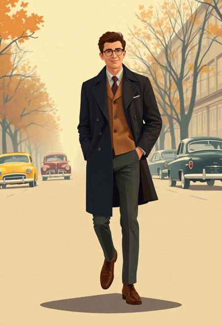 man walking, vintage style, navy overcoat, tan blazer, gray trousers, brown leather shoes, 1950s fashion, foggy street, autumn morning, classic cars, sepia tones, cinematic look, retro elegance, noir aesthetic, confident posture, whimsical illustration, bold color palette, mid-century modern design, stylized shapes, childlike wonder, flat perspective, playful composition, simplified forms, decorative patterns, fairy tale charm, vibrant color blocking, storybook aesthetic, expressive characters, graphic stylization, joyful mood, folk art influence, imaginative scenery, visual rhythm, retro fantasy, illustrative modernism