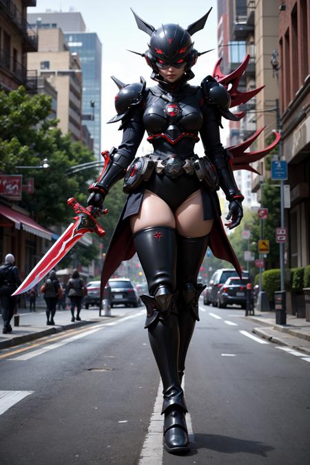 1kaijin, full_body, solo, outdoors, street, city, cars, people,
dark knight, weapon, sword, armor, helmet, robot, holding, tokusatsu, holding weapon, holding sword, medium_breasts, (zettai_ryouiki:1.2),  thigh_boots, (thighhighs:1.3), 
(masterpiece,  best_quality:1.3), (realistic:1.3), photorealistic, 
<lora:kaijin_v5-000018:0.8>
<lora:stylized_3dcg_v4-epoch:0.4> ,
<pro