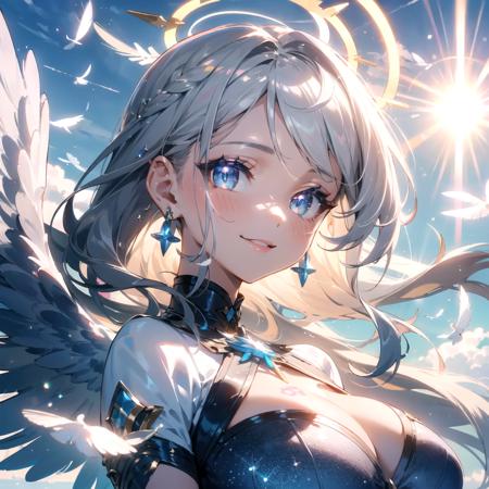 light particles, (glow light:1.2),(1 angel girl:1.2),26yo,cool, adult face,beautiful face, (close up on face:1.1),(medium small breast:1.1),(huge angel wings:1.2),(wild smile:1.2), silver long hair, silver color eyes, detailed eyes, (huge bright halo:1.2),(halo with decorations:1.2),close up on face,cleavage,
,(jewelry on hair:1.2), (hair decoration:1.2),(glitter on dress:1.2),(detailed decoration on dress:1.2),(reflection on dress:1.2),(Strong wind blowing), flying in the sky, , (day light:1.2), (heaven on background:1.2), huge sky, a lot of clouds,(sun light:1.2), (lens flare:1.2), (a lot of silver feathers flying:1.2), ,(white doves flying:1.2),