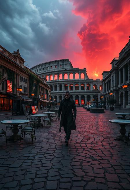 An abandoned piazza in Italy under a dusky, ash-filled sky, blending the grandeur of ancient Roman architecture with a futuristic dystopian flair. The once vibrant café tables are overturned, vines overgrow marble fountains, and digital screens display fragmented, eerie propaganda in glowing red and gold. Cracked cobblestones reflect the dim light of flickering street lamps. In the distance, a shadowy, towering colosseum-like structure hums with the sound of advanced machinery, its arches filled with cascading holograms of surveillance data. A lone figure in a tattered trench coat and cybernetic implants wanders through the empty square, silhouetted against the distant glow of molten lava flowing through futuristic aqueducts. The atmosphere is haunting, melancholic, and heavy with history, as though the echoes of Italy’s past are at war with its oppressive future.