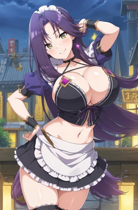 (Night:1.7), Japan, Tokyo, CityView, Before Window,
Standing at attention,
maid, maid headdress, maid apron, maid_Dress,
<lora:Melissa_Konosuba-KK77-V1:0.7>,jewelry,
purple hair,yellow_eyes,long_hair, midriff, navel,
1 girl, 20yo,mature female,Beautiful Finger,Beautiful long legs,Beautiful body,Beautiful Nose,Beautiful character design, perfect eyes, perfect face,
looking at viewer, 
NSFW,official art,extremely detailed CG unity 8k wallpaper, perfect lighting,Colorful, Bright_Front_face_Lighting,
(masterpiece:1.0),(best_quality:1.0), ultra high res,4K,ultra-detailed,
photography, 8K, HDR, highres, absurdres:1.2, Kodak portra 400, film grain, blurry background, bokeh:1.2, lens flare, (vibrant_color:1.2)
(Beautiful,large_Breasts:1.4), (beautiful_face:1.5),(narrow_waist),