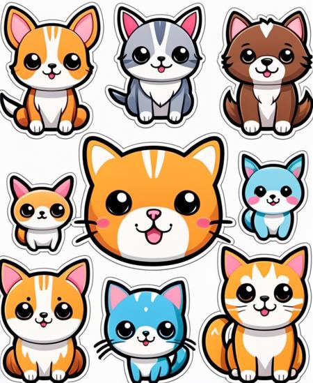 sticker cartoon cute pets, white background, style kawaii, vectorized, 45 degrees view