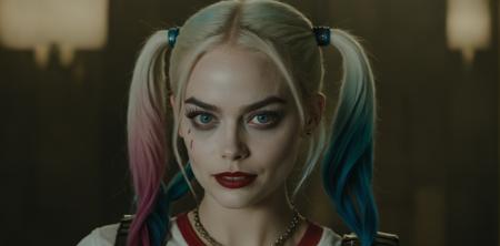 (Movie Still) from Suicide Squad , (extremely intricate:1.3), (realistic), portrait of a girl, the most beautiful in the world, Margot Robbie as Harley Quinn, colorful hair, pigtails, blue eyes, baseball bat, teeth, (detailed face, detailed eyes, clear skin, clear eyes), photorealistic, award winning, professional photograph of a stunning woman detailed, sharp focus, dramatic, award winning, cinematic lighting, volumetrics dtx 
<lora:JuggerCineXL2:1.0>