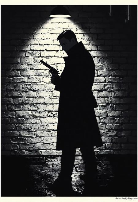 A brooding, high-contrast noir depiction of a solitary agent poised in front of a cracked brick wall, his silhouette carved from deep ebony against stark white mortar, every fold and contour rendered as bold graphic shapes; his sharp jawline and closely cropped hair are hinted at through the interplay of shadow and negative space, and he wears a tailored trench coat with sharply defined lapels and a holstered revolver at his hip. Pose: He stands angled three-quarters toward the viewer, right arm outstretched holding the pistol level with his stern gaze, left hand casually clenching the coat collar, weight shifted onto his back leg, head tilted slightly downward, eyes cast in shadow. The rough texture of the rain-slicked pavement and an overhead streetlamp create a chiaroscuro background that accentuates the figure’s menacing aura, all executed in a two-tone stencil art style with razor-sharp edges and dramatic lighting contrast.