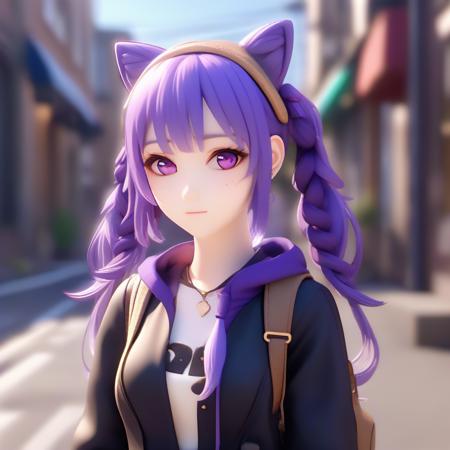 full body, a cute girl in a street, purple hair, hair ornament, twintails, cat ears hairstyle, classic clothes of game, ambient light, (detailed face, detailed body: 1.4), 3D render style <lora:Keqing(Genshin_Impact):1>