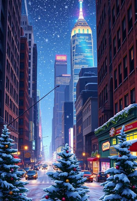 Christmas at night in another world, snowing, real high quality. A vibrant anime depiction of New York at night, with neon lights reflecting off skyscrapers and bustling streets, streets full of snow, snow falling from the sky, a mix of traditional and modern architecture, Christmas trees in the foreground.